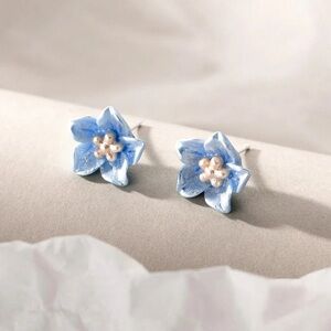 Blue Floral Stud Earrings with Pearl Center
